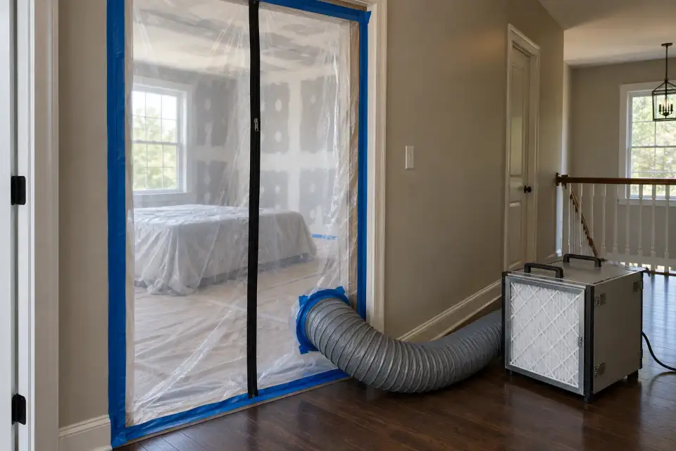 A doorway sealed with plastic sheeting and a zipper, a duct leading to an air filtration unit