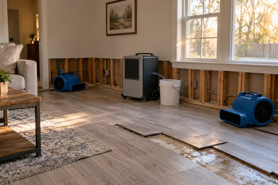 A living room being dried after a leak: lower drywall cut away, air movers and a dehumidifier on the floor