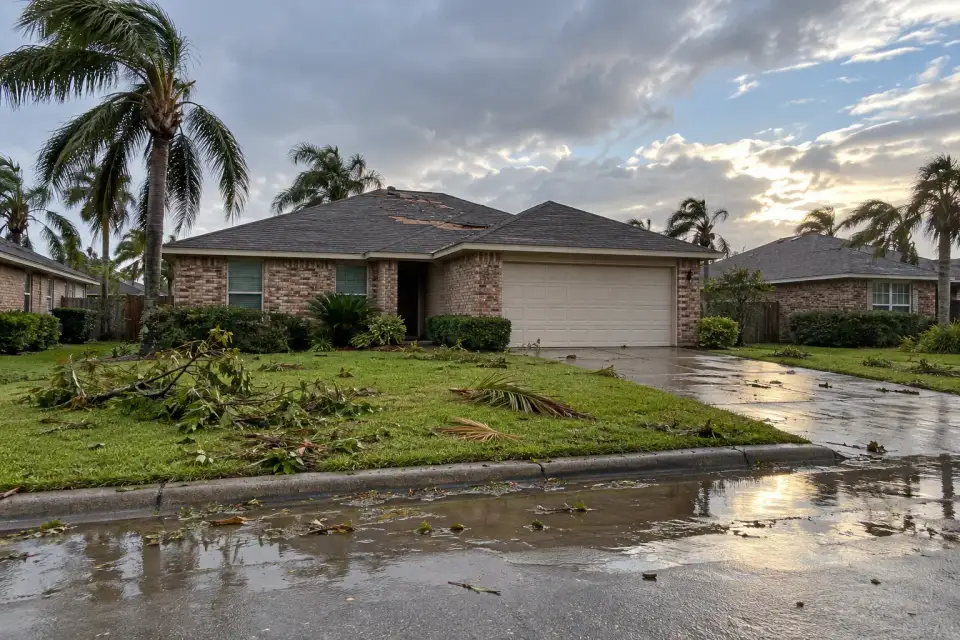 A single-story brick house on a Gulf Coast street after a storm, palm fronds on the lawn and puddles along the curb