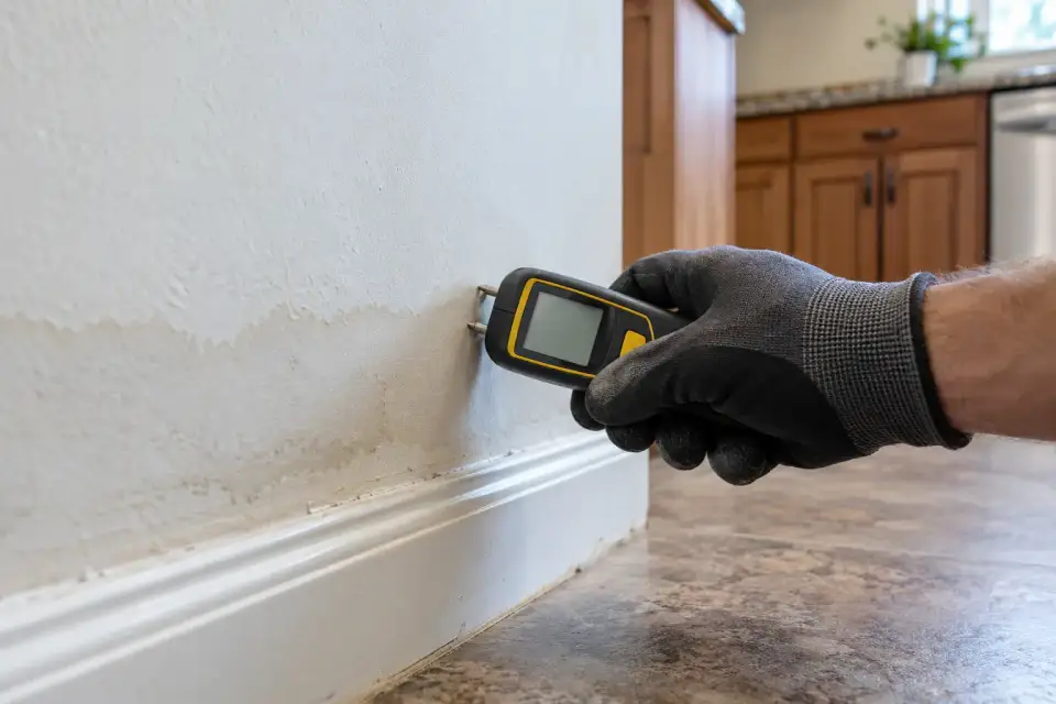 A gloved hand pressing a pin-type moisture meter against the bottom of a drywall wall with a faint water line